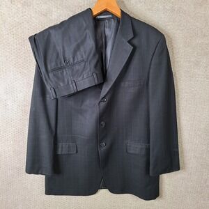 Mazzoni Suit Mens 44L Black Check 2 Piece Set‎ 3 Button Poly Blend Pleated 36x30